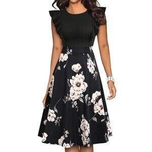 IHOT Women's Vintage Ruffle Floral Flared A-line Party Dress in size M NWT